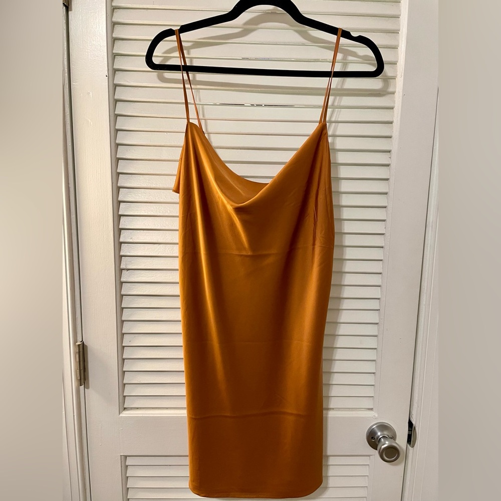 Burnt orange silk mini dress. Never worn. Tag-less. Adjustable straps.